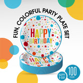 9 In. Birthday Print Paper Plates | 100 Count